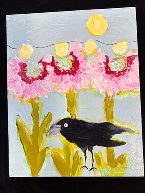 “Walking Among Blooms” Original Acrylic Painting 10”x8”With Crow